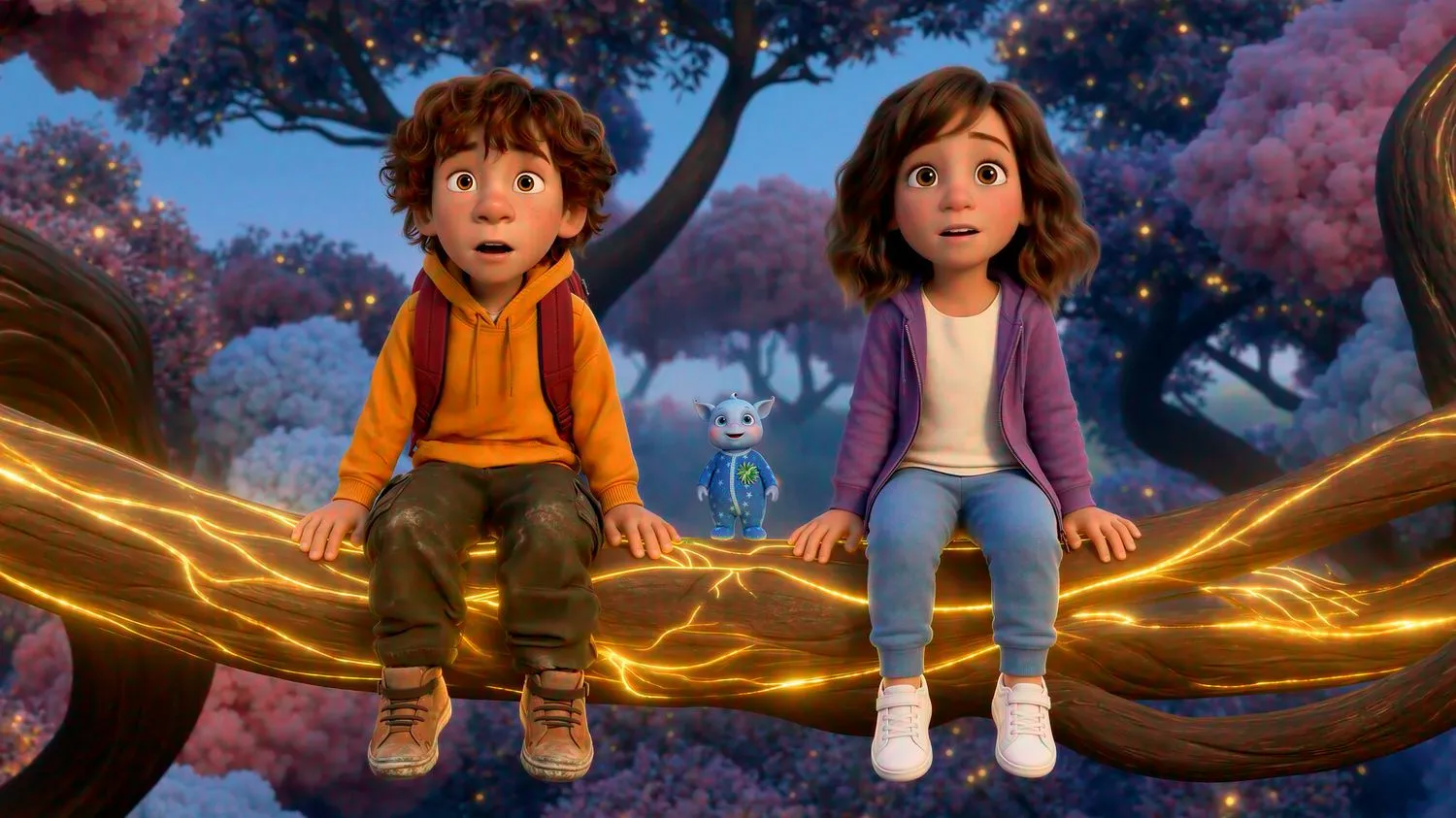 Miri, Luc and Mimo on a glowing branch of the Great Tree