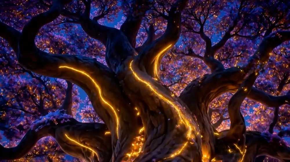 The Great Tree, veins of golden light through its bark